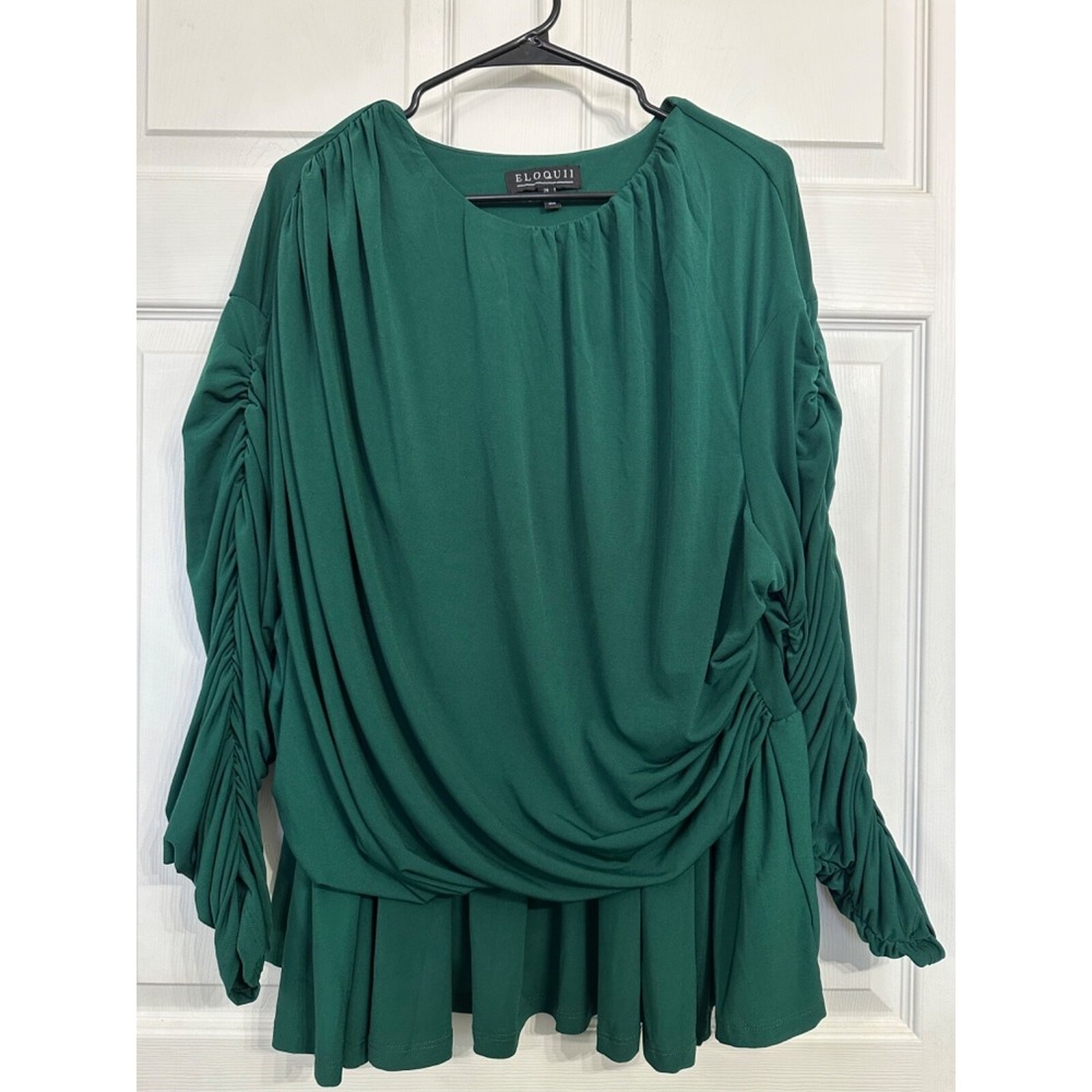 Eloquii Size 26 Emerald Green Ruched Sleeve Drape Front Skirted Blouse